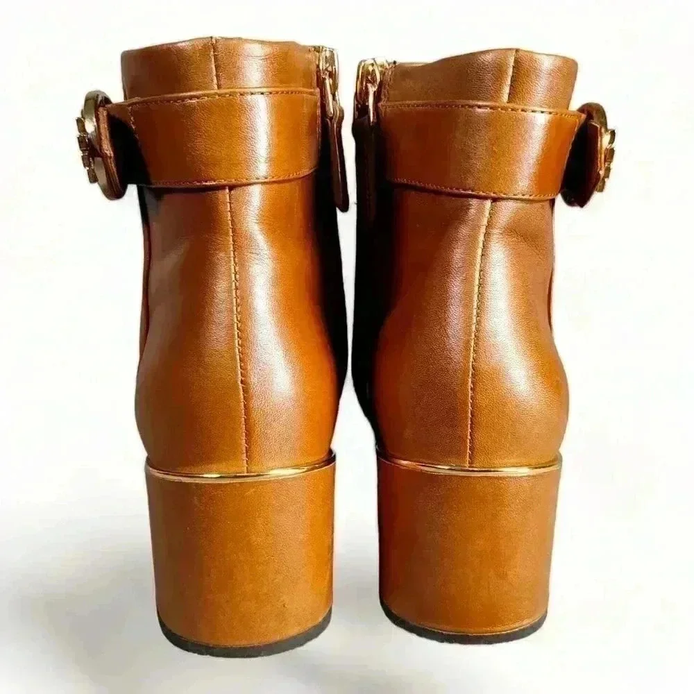 Tory Burch Sophia Ankle Booties Boots British Tan Women's 5 M Leather Gold Logo